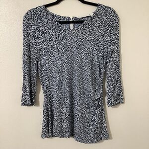 Boss Navy Animal Print Cinched Stretchy Casual Going Out 3/4 Sleeve Top Size S/M